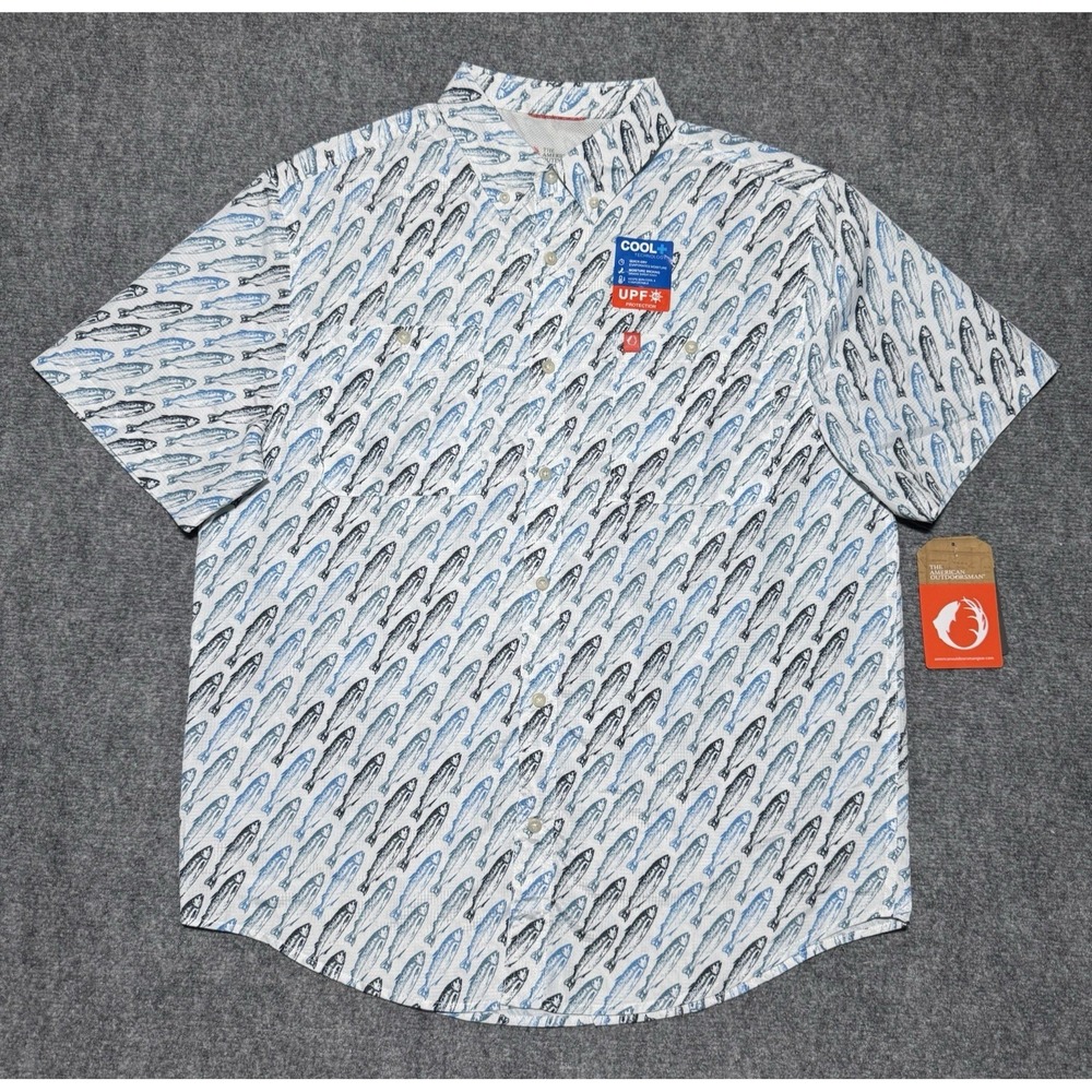 The American Outdoorsman Fishing Shirt Men L White Blue‎ UPF 40 Fish Print NWT